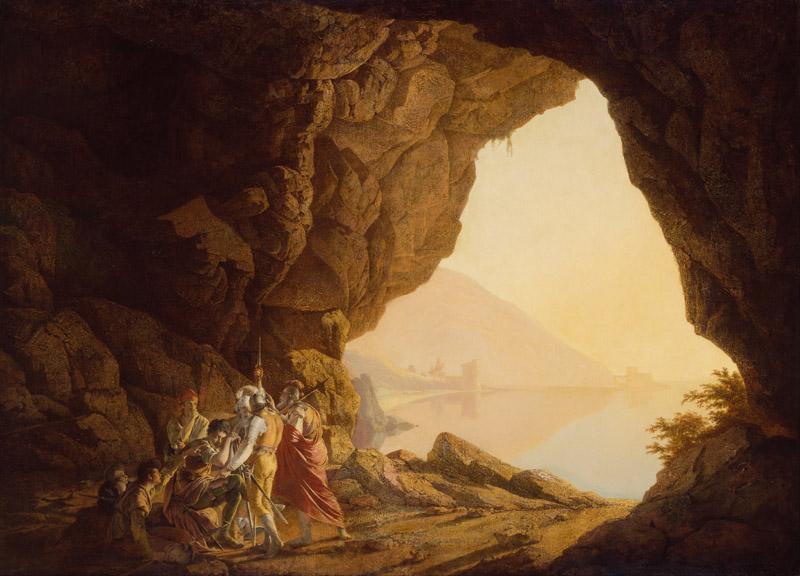Joseph Wright of Derby - Grotto by the Seaside in the Kingdom of Naples with Banditti, Sunset