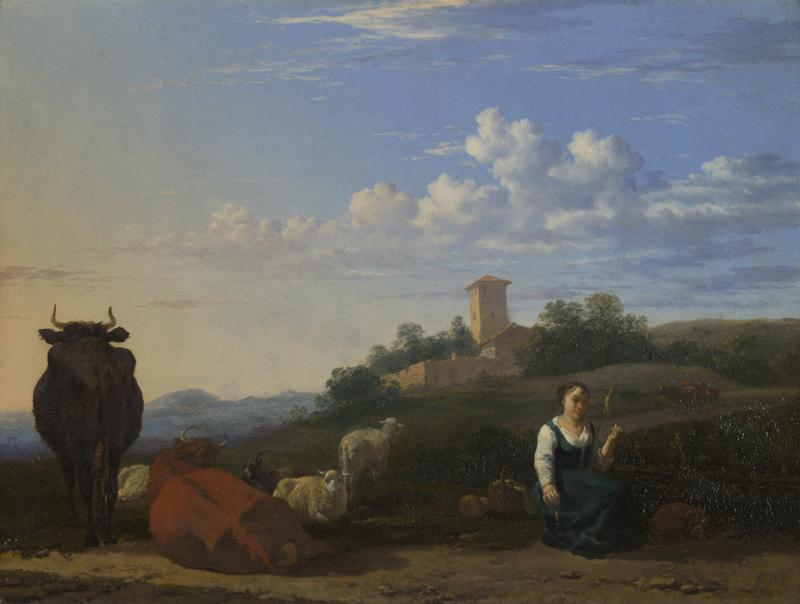 Karel Dujardin - A Woman with Cattle and Sheep in an Italian Landscape