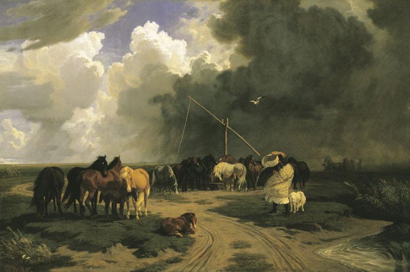 Karoly Lotz (1833-1904)-Horses in a Rainstorm