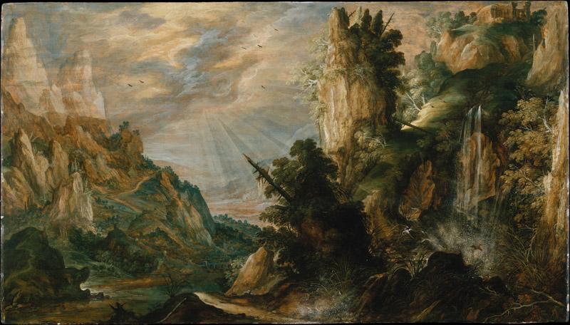Kerstiaen de Keuninck--A Mountainous Landscape with a Waterfall