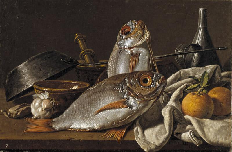 Melendez, Luis Egidio-Bodegon con besugos, naranjas, ajo, condimentos y utensilios de cocina