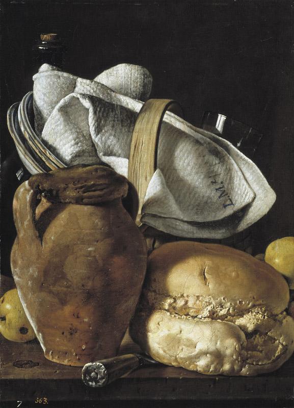 Melendez, Luis Egidio-Bodegon con cantarilla, pan y cesta con objetos de mesa-48 cm x 34 cm