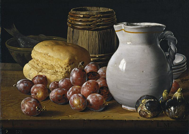 Melendez, Luis Egidio-Bodegon con ciruelas, brevas, pan, barrilete, jarra y otros recipientes