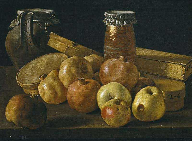 Melendez, Luis Egidio-Bodegon con granadas y manzanas, cajas de dulces y otros recipientes