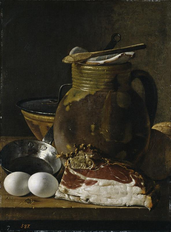 Melendez, Luis Egidio-Bodegon con jamon, huevos y recipientes-49 cm x 37 cm