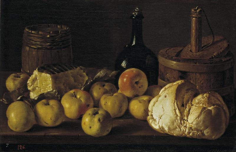 Melendez, Luis Egidio-Bodegon con manzanas, pan, queso y recipientes-41 cm x 62 cm