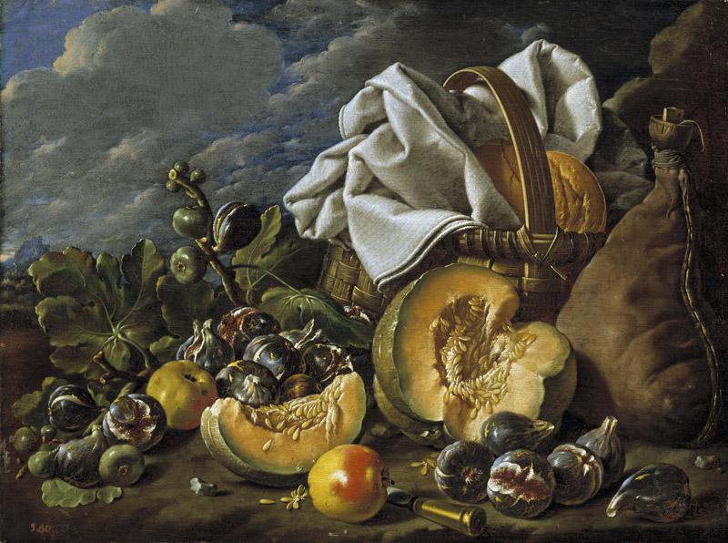 Melendez, Luis Egidio-Bodegon con melon y brevas, manzanas, bota de vino y cesta