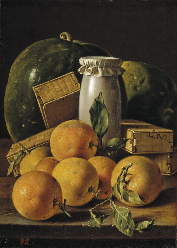Melendez, Luis Egidio-Bodegon con naranjas, melero, cajas de dulces y sandias-48,3 cm x 34,5 cm