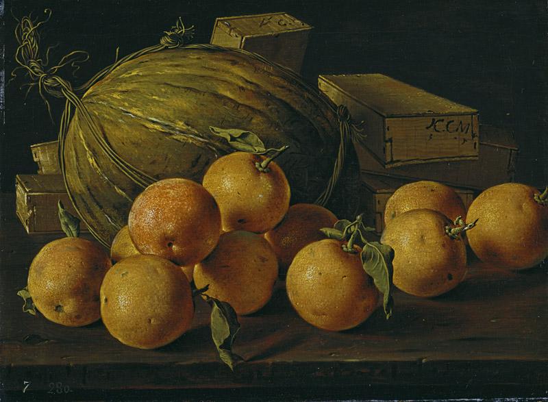 Melendez, Luis Egidio-Bodegon con naranjas, melon y cajas de dulces-36 cm x 50 cm