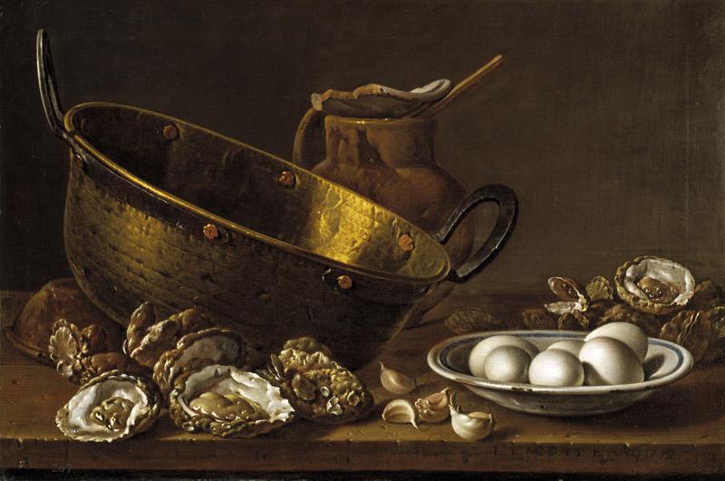 Melendez, Luis Egidio-Bodegon con ostras, ajos, huevos, perol y puchero-41 cm x 62 cm
