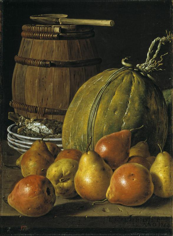 Melendez, Luis Egidio-Bodegon con peras, melones, platos y barril-48 cm x 35 cm