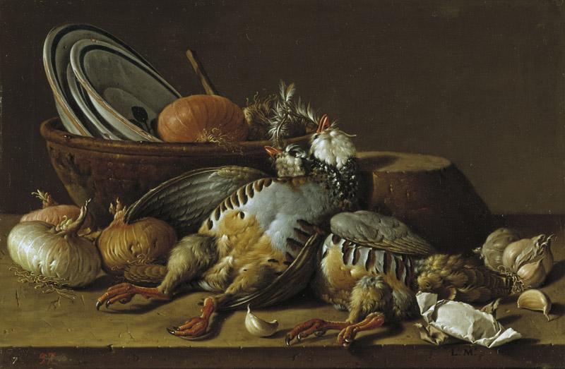 Melendez, Luis Egidio-Bodegon con perdices, cebollas, ajos y recipientes-41,6 cm x 62,3 cm