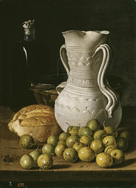 Melendez, Luis Egidio-Bodegon con peritas, pan, alcarraza, cuenco y frasca-47,8 cm x 34,6 cm