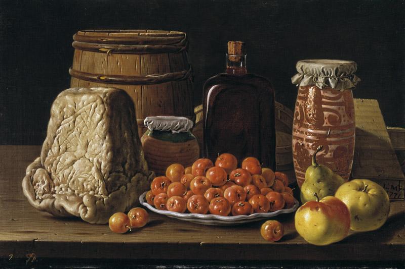 Melendez, Luis Egidio-Bodegon con plato de acerolas, frutas, queso, melero