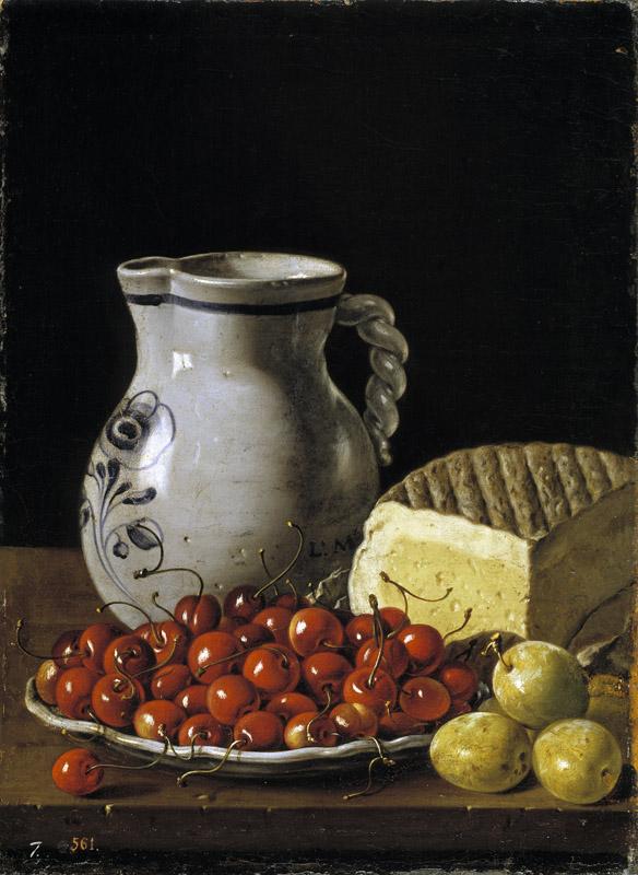 Melendez, Luis Egidio-Bodegon con plato de cerezas, ciruelas, jarra y queso-47 cm x 35 cm