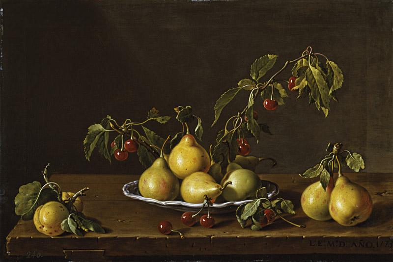 Melendez, Luis Egidio-Bodegon con plato de peras y guindas-41 cm x 62 cm