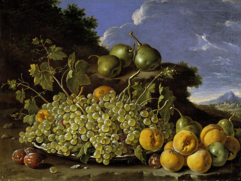 Melendez, Luis Egidio-Bodegon con plato de uvas, melocotones, peras y ciruelas