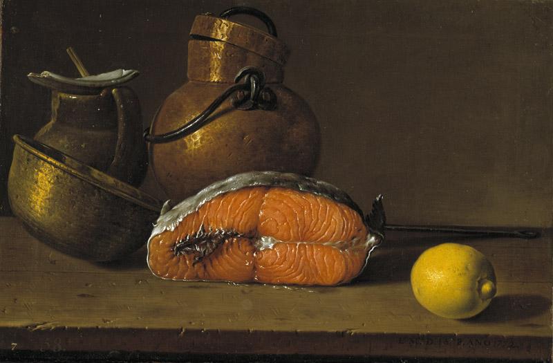 Melendez, Luis Egidio-Bodegon con salmon, limon y recipientes-41 cm x 62,2 cm