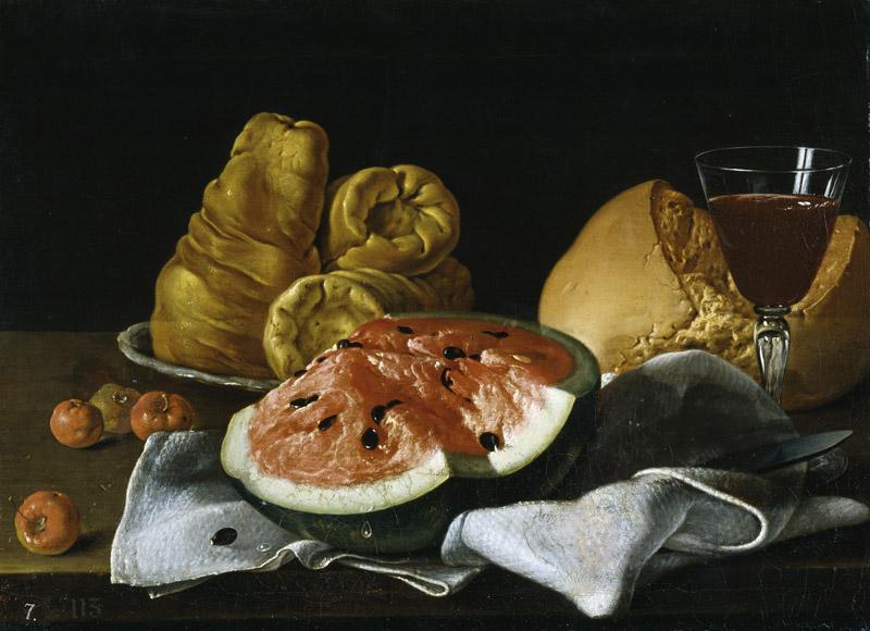 Melendez, Luis Egidio-Bodegon con sandia y acerolas, quesos, pan y vino-35 cm x 48 cm