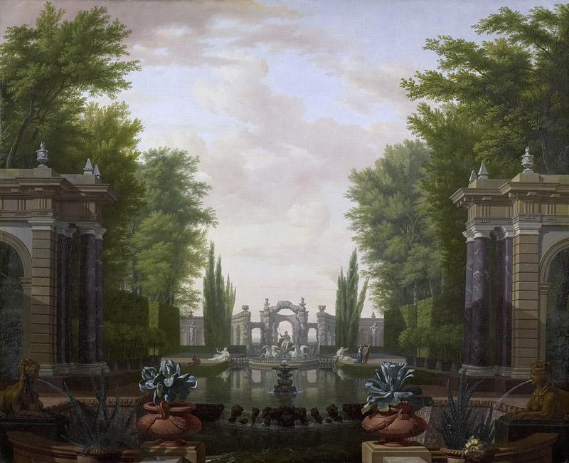 Moucheron, Isaac de -- Waterpartij met beelden en gebouwen in een park, 1700-1744