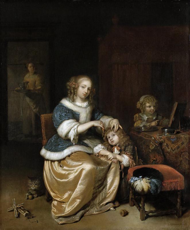 Netscher, Caspar -- Interieur met een moeder die haar kind kamt, 1669