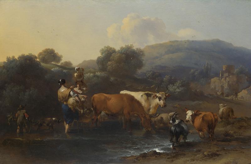 Nicolaes Berchem - Peasants with Cattle fording a Stream