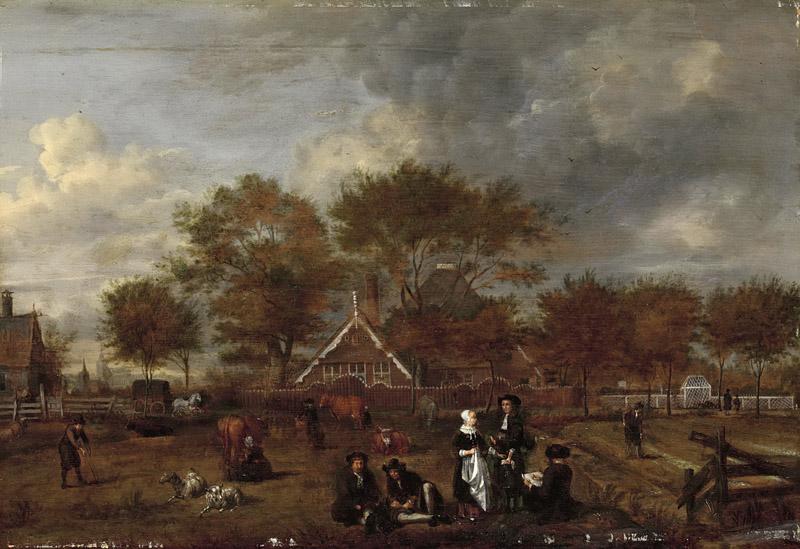Opperdoes, Jan Pietersz -- Boerenhofstede met op de voorgrond de hereboer met zijn vrouw en de schilder, 1650-1680