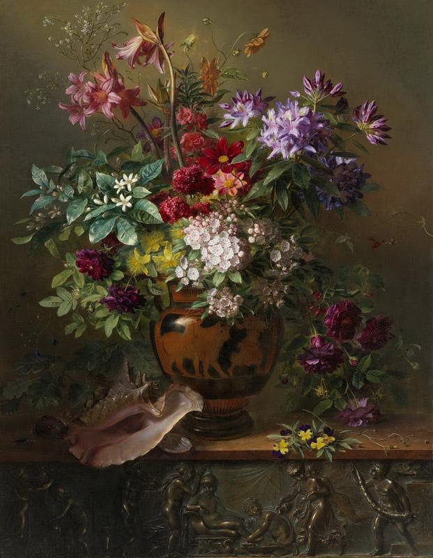 Os, Georgius Jacobus Johannes van -- Stilleven met bloemen in een Griekse vaas, allegorie op de lente, 1817