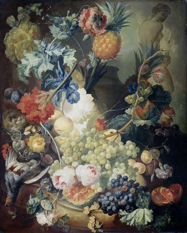 Os, Jan van -- Stilleven met bloemen, vruchten en gevogelte, 1774