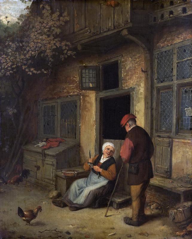 Ostade, Adriaen van -- Een vrouw haring schoonmakend voor een huis, 1650-1700