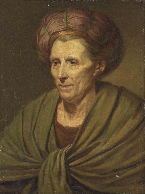 PORTRAIT OF A WOMAN, BUST-LENGTH, WITH A BROWN TURBAN AND GREEN SHAWL