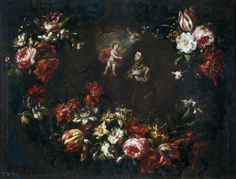 Perez, Bartolome-Guirnalda de flores con San Antonio de Padua-65 cm x 84 cm