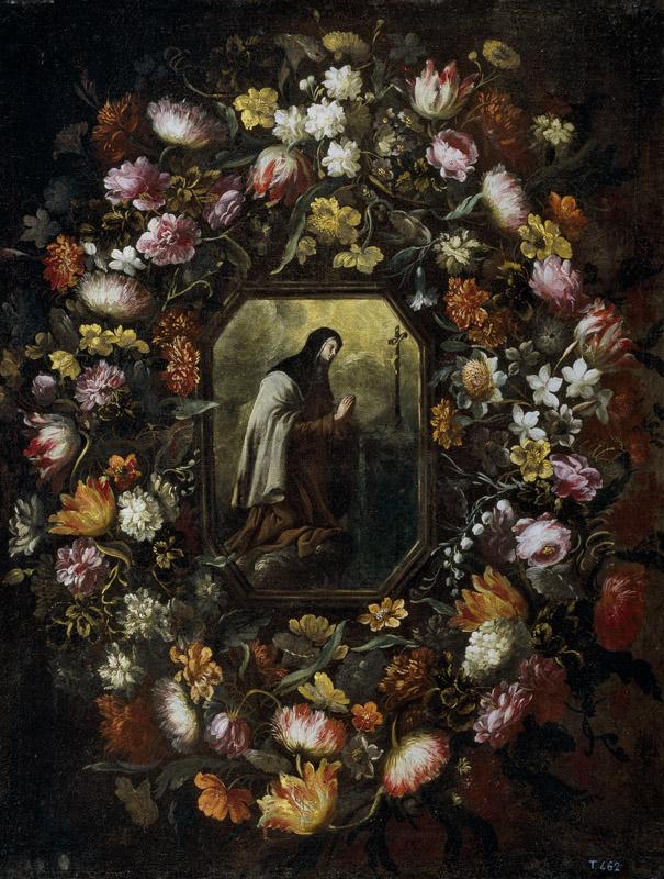 Perez, Bartolome-Guirnalda de flores con Santa Teresa de Jesus-95 cm x 73 cm