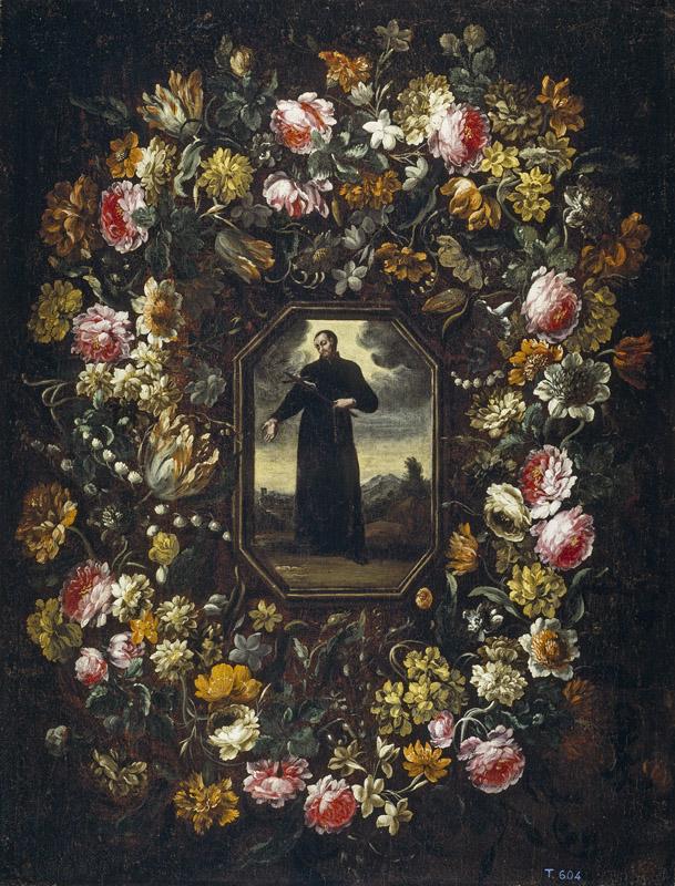 Perez, Bartolome-Guirnalda de flores con san Camilo de Lelis-95 cm x 73 cm