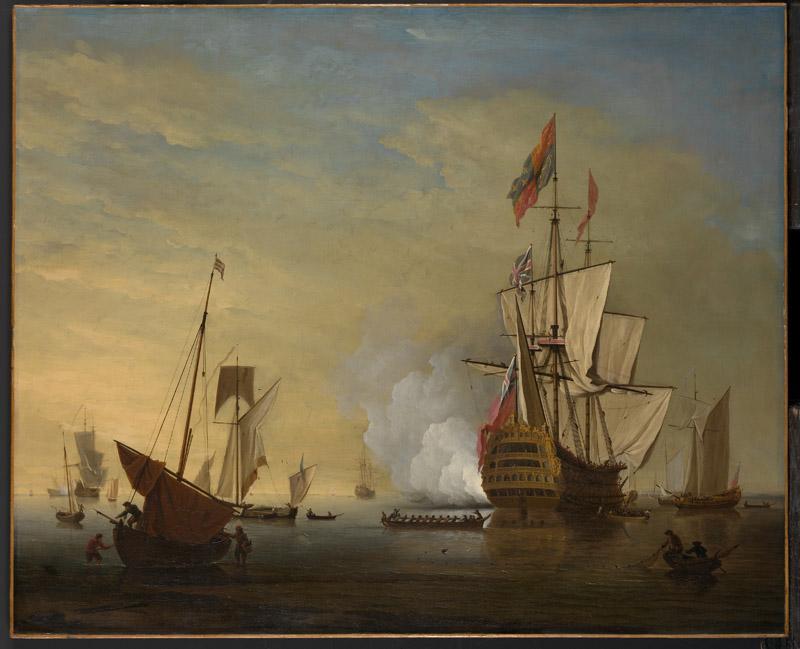 Peter Monamy--Harbor Scene An English Ship with Sails Loosened Firing a Gun