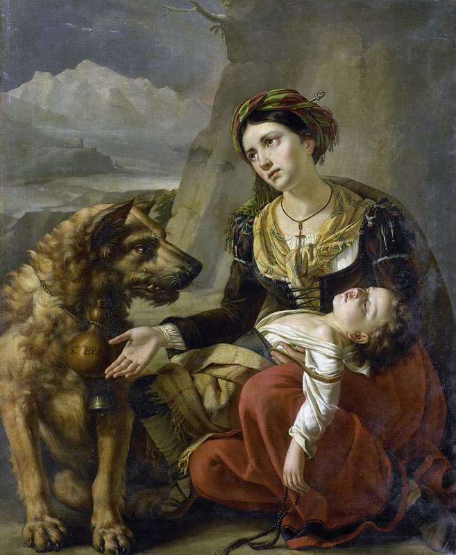Picque, Charles -- Een sint-bernardshond komt een verdwaalde vrouw met een ziek kind te hulp, 1827