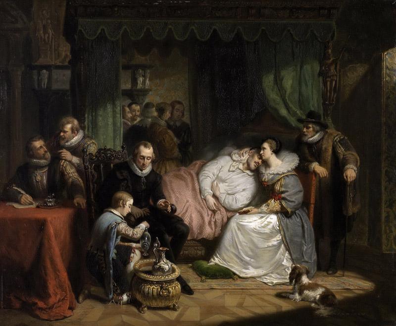 Pieneman, Nicolaas -- Prins Willem I, na de mislukte moordaanslag door Jean Jauregui in 1582, verpleegd door Charlotte de Bourbon, 1840