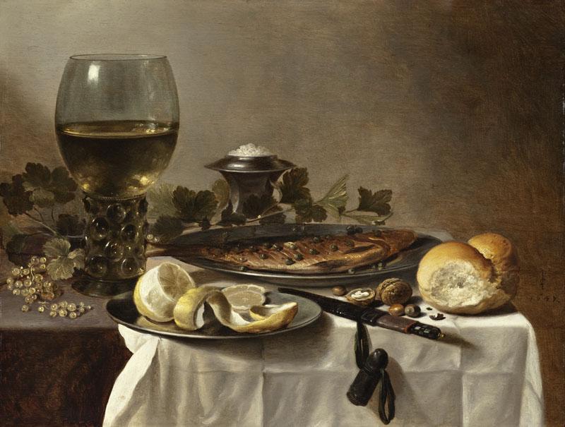 Pieter Claesz III - Still Life with Herring, Wine and Bread