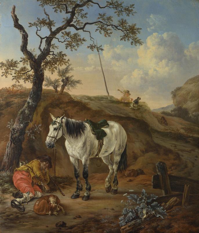 Pieter Verbeeck - A White Horse standing by a Sleeping Man