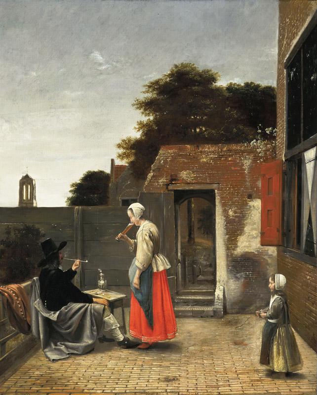 Pieter de Hooch - A Man Smoking and a Woman Drinking in a Courtyard