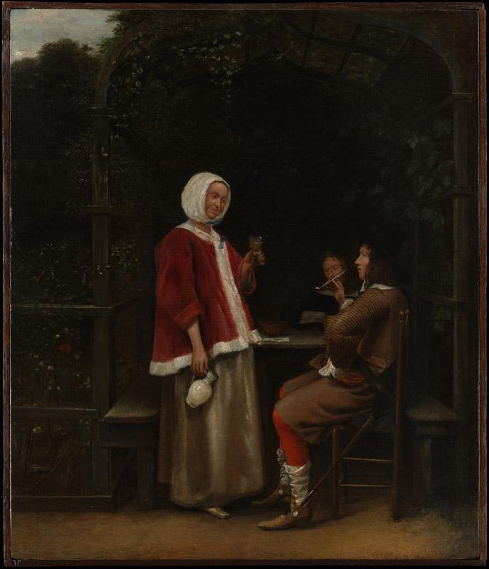 Pieter de Hooch--A Woman and Two Men in an Arbor