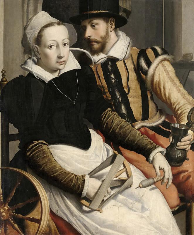 Pietersz., Pieter (I) -- Een vrouw bij een spinnewiel en een man met een kan zittend in een interieur, 1560-1570