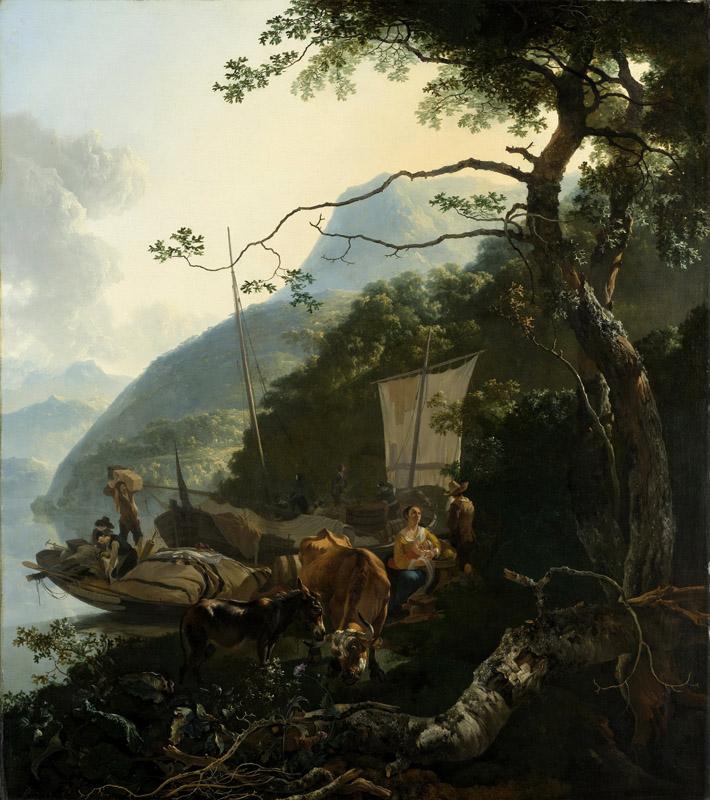 Pijnacker, Adam -- Schippers met hun boten aan de oever van een Italiaans meer 1650-1670