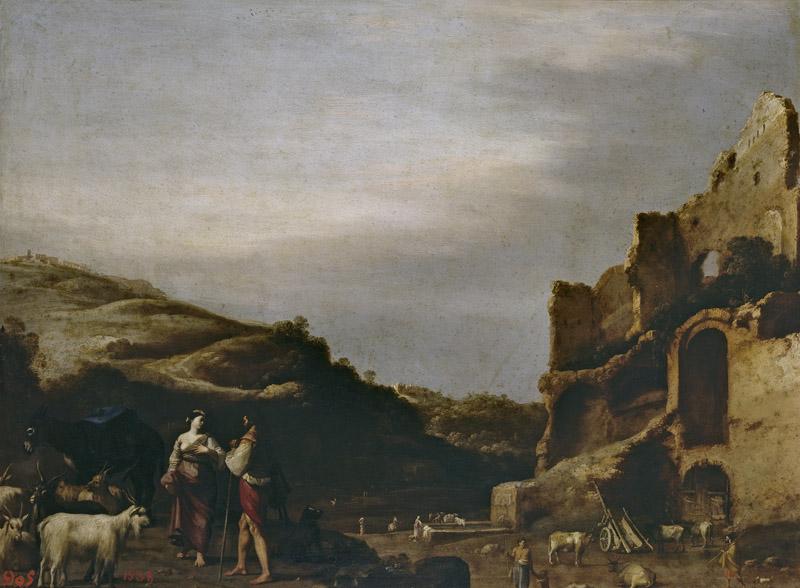Poelenburch, Cornelis van-Paisaje con ruinas romanas y pastores-42 cm x 56 cm