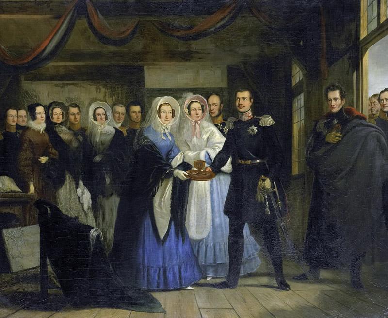 Portman, Christiaan Julius Lodewijk -- De prinses van Oranje ontvangt Alexander II, grootvorst en troonopvolger van Rusland, in het Czaar Peterhuisje te Zaandam, 17 april 1839