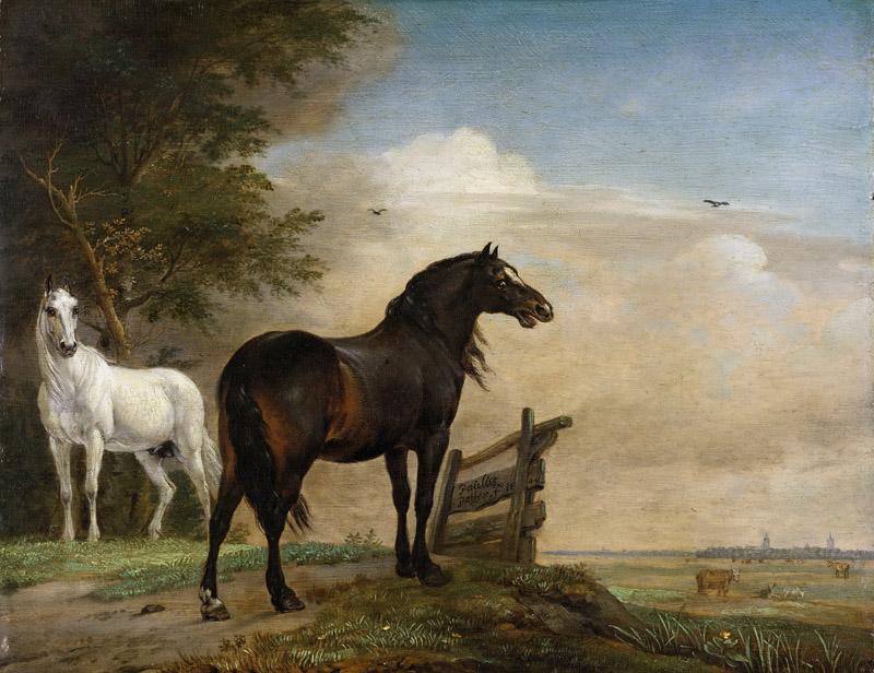 Potter, Paulus -- Twee paarden in de weide bij een hek, 1649
