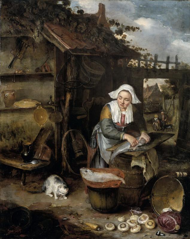 Potuyl, Hendrik -- Een huisvrouw op een binnenplaatsje bij het schoonmaken van vis, 1639-1649