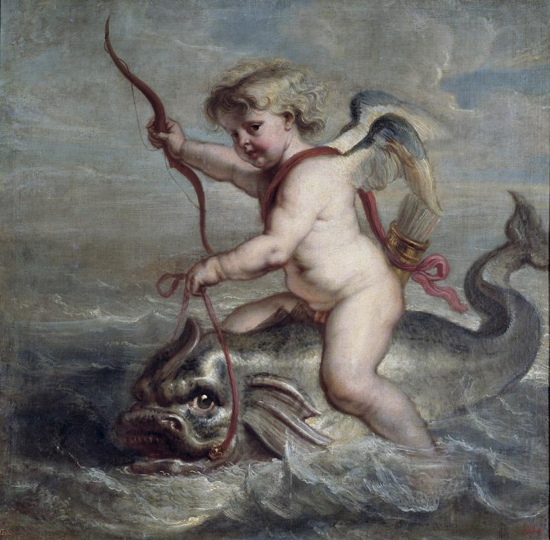 Quellinus, Jan Erasmus-Cupido navegando sobre un delfin-98 cm x 98 cm