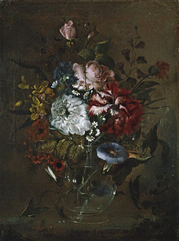 Romero, Juan Bautista-Florero de cristal con rosas y campanillas-43 cm x 33 cm