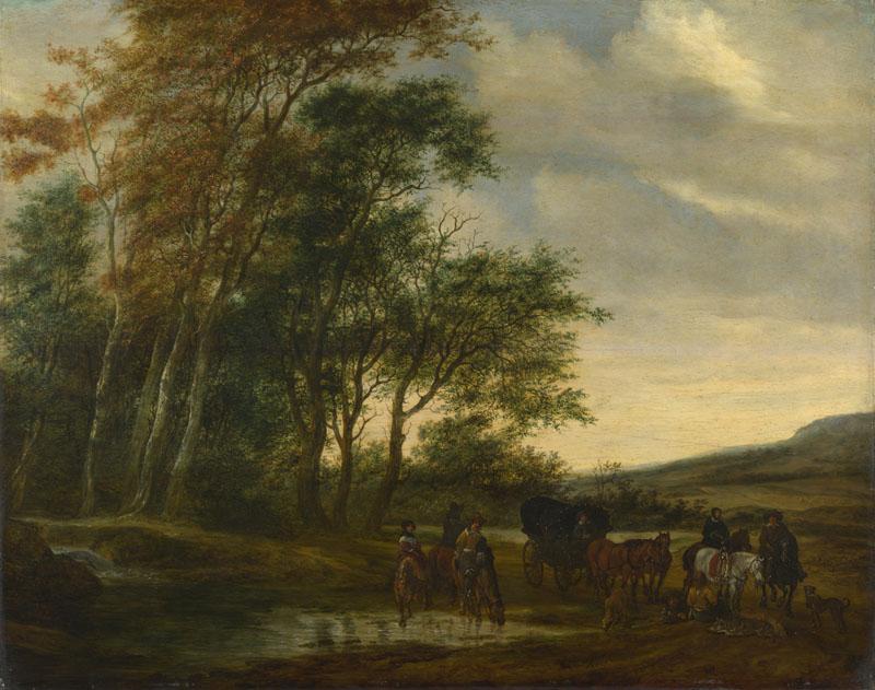 Salomon van Ruysdael - A Landscape with a Carriage and Horsemen at a Pool